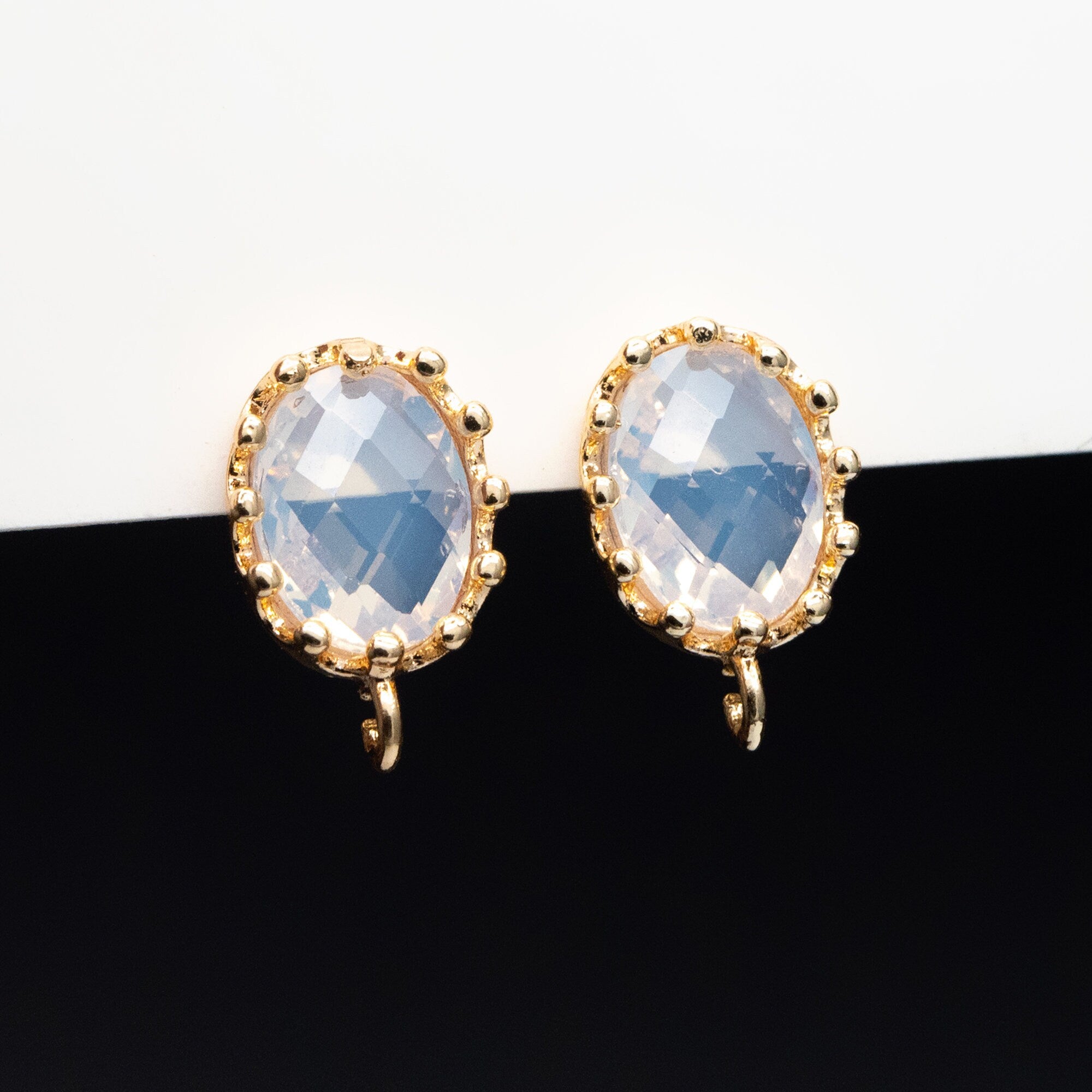 10pcs Crack Stone Ear Posts, Clear Stone Stud Earring with Loops, 18K Gold plated Brass Ear Findings (#GB-1306)